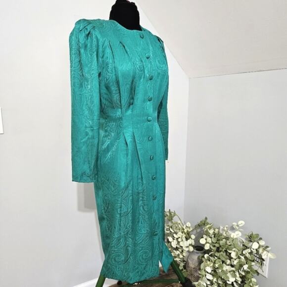 Vintage Adrianna Papell Silk Green Tonal Paisley Print Button Front Midi Dress - Picture 2 of 10